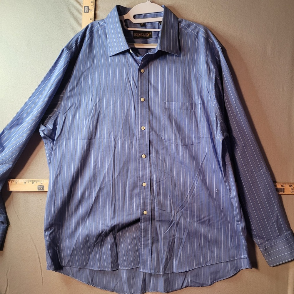 Donald J Trump Signature Collection Blue Striped Non Iron Dress Shirt Mens 18 35